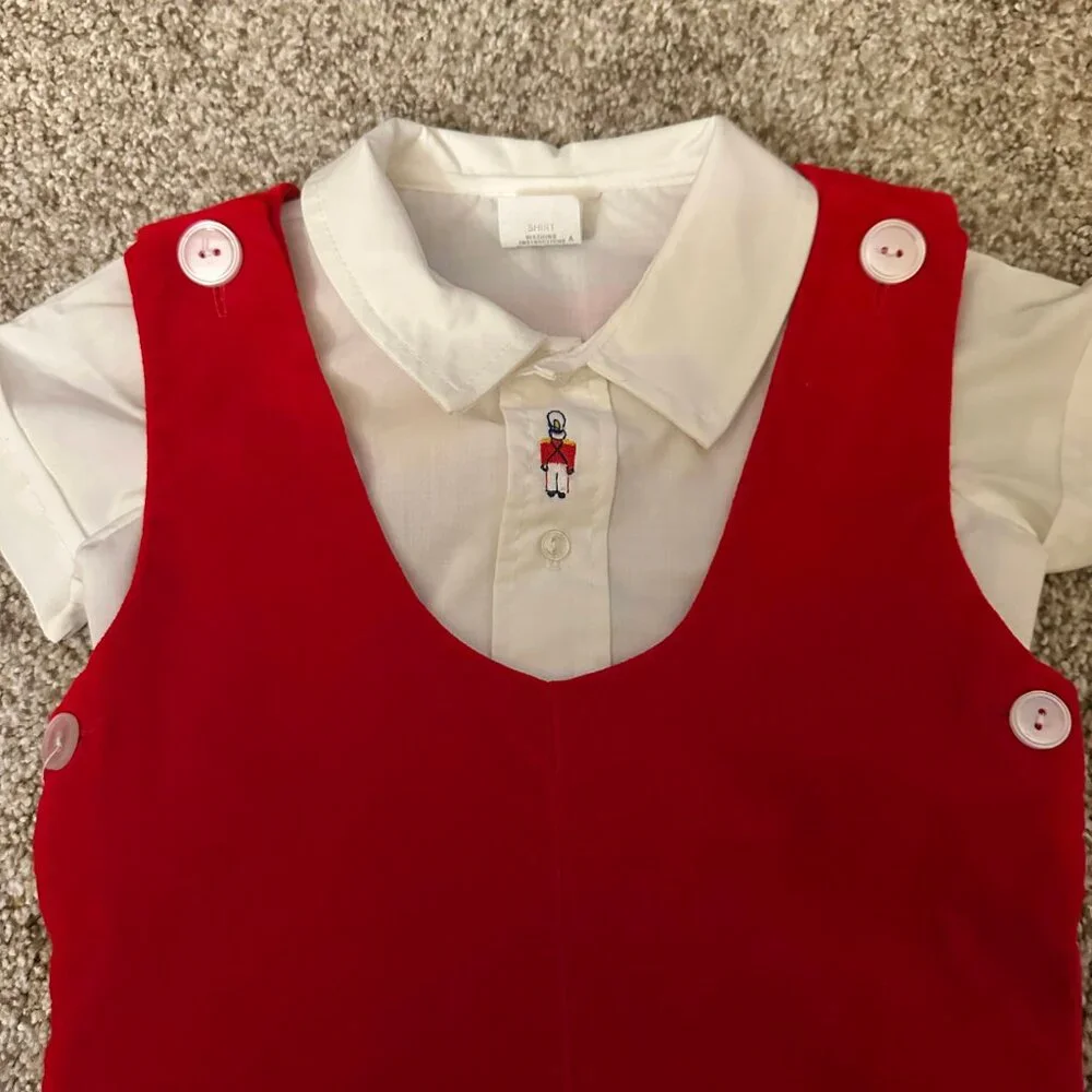 VINTAGE 2 pc Baby Boy Red Overall Romper Outfit 18mo embroidered velvet soldier